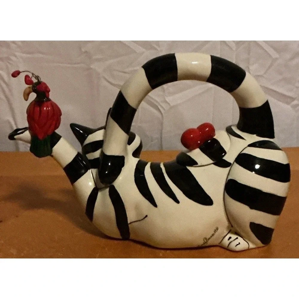 Blue Sky Teapot Clancy Hearts Black White Striped Cat Teapot Bird Hearts Signed